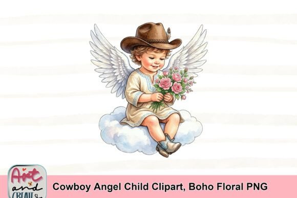Cowboy Angel Child Clipart: A Boho Floral PNG for Modern Design