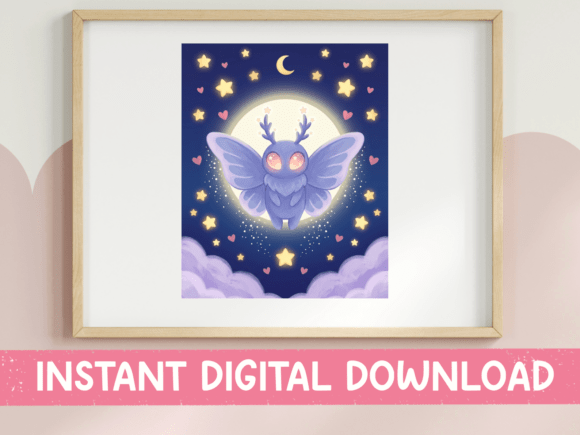 Enchant Your Designs with Moth Moon Stars Mystical Night Art Print
